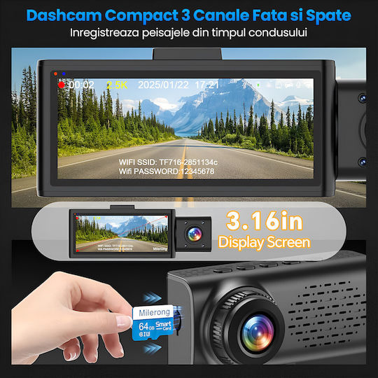 Set Cameră DVR Auto 1440P cu Ecran 3.16" Wi-Fi GPS și Cameră Marșarier