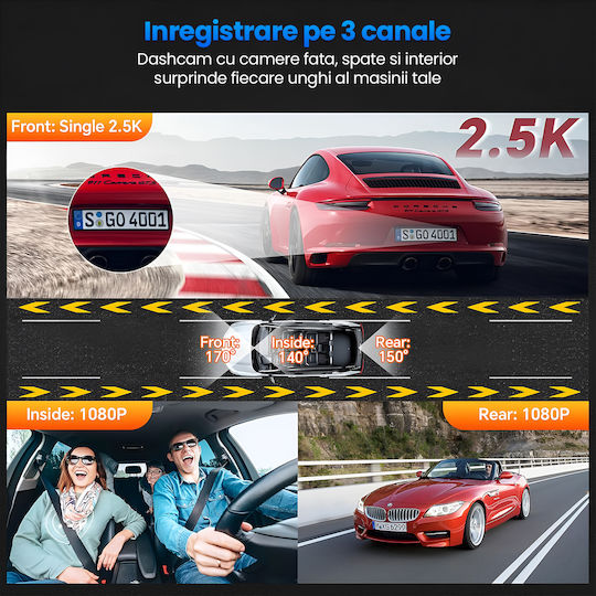 Set Cameră DVR Auto 1440P cu Ecran 3.16" Wi-Fi GPS și Cameră Marșarier