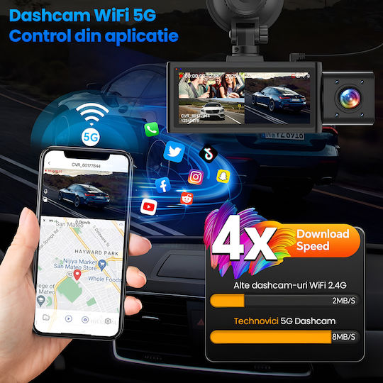 Set Cameră DVR Auto 1440P cu Ecran 3.16" Wi-Fi, GPS și Cameră Marșarier