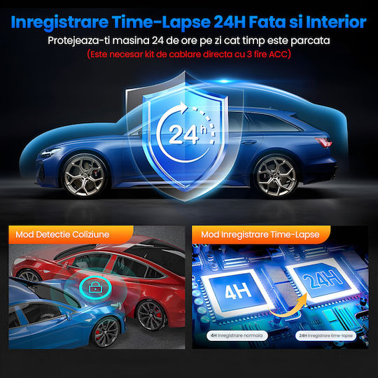 Set Cameră DVR Auto 1440P cu Ecran 3.16" Wi-Fi, GPS și Cameră Marșarier