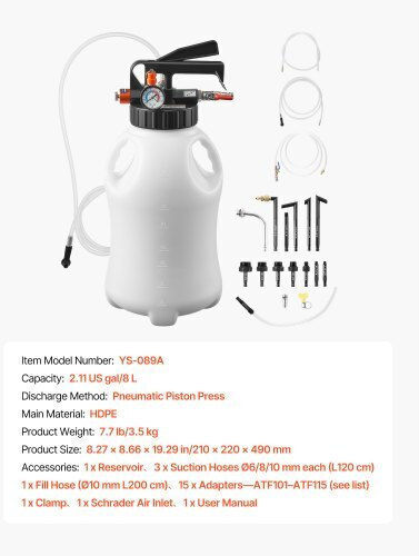 Vevor Transmission Fluid Pump 8 L Capacity Pneumatic Oil Fluid Extractor Atf Refill Dispenser Transfer Pump Wit 15 Atf Adapters Oil Extractor Dispenser Hdpe Tank Cars Boats