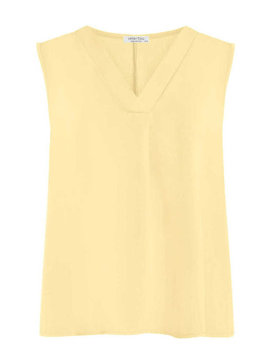 Celestino Women's Sleeveless Blouse Pleat Loose Fit Yellow