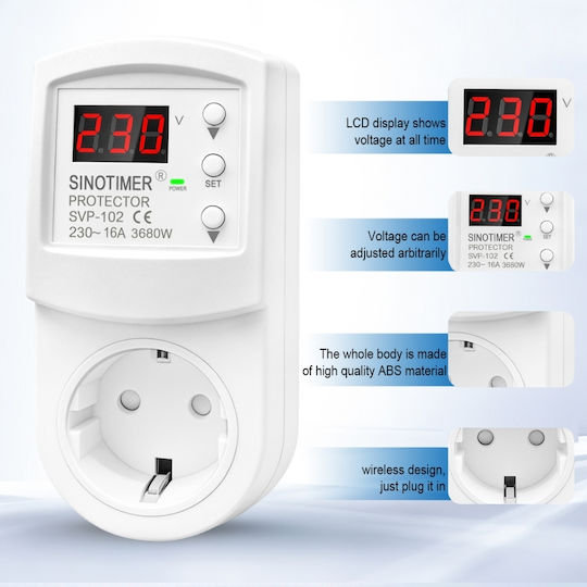 Sinotimer Svp-102 Smart Socket Voltage Protection 230v 16a 3680w Led Display Automatic Overvoltage Undervoltage Adjustment