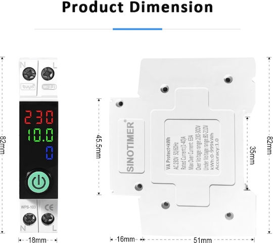 Sinotimer Wps103-63a Întrerupător Automat Inteligent Wifi Protecție Tensiune Curent Monitorizare Kwh Tuya 230v