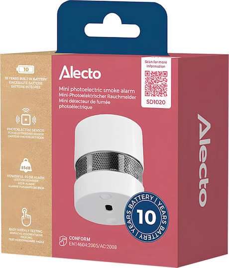Alecto Мини Оптичен Детектор За Дим 85db Cr123a Литиева Батерия 10 Години En14604 Бял