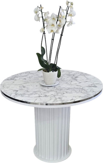 Round Dining Table MDF White With Marble Look And Ribbed Base 90x75cm Round Dining Table MDF White With Marble Look And Ribbed Base 90x75cm