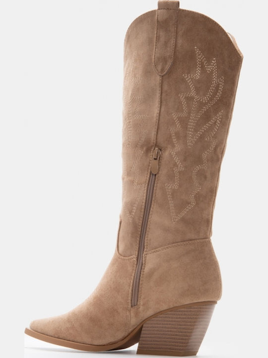 Suede Women's Boots Cowboy with Medium Heel Beige