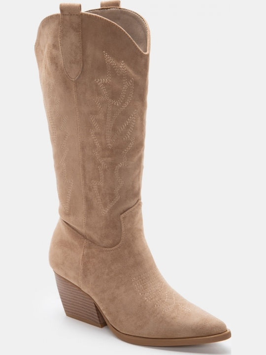 Suede Women's Boots Cowboy with Medium Heel Beige