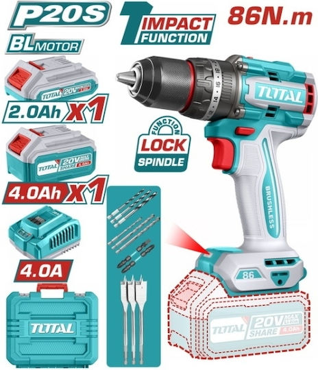 Total Κρουστικό Δραπανοκατσάβιδο Μπαταρίας Brushless 20V 1x2Ah & 1x4Ah