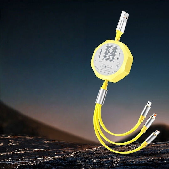 3in1 Ausziehbares Kabel Telefon Flippy 100w Schnelles Laden Kabel Mecha Stil Geeignet Für Auto Universell 1,2m Gelbes