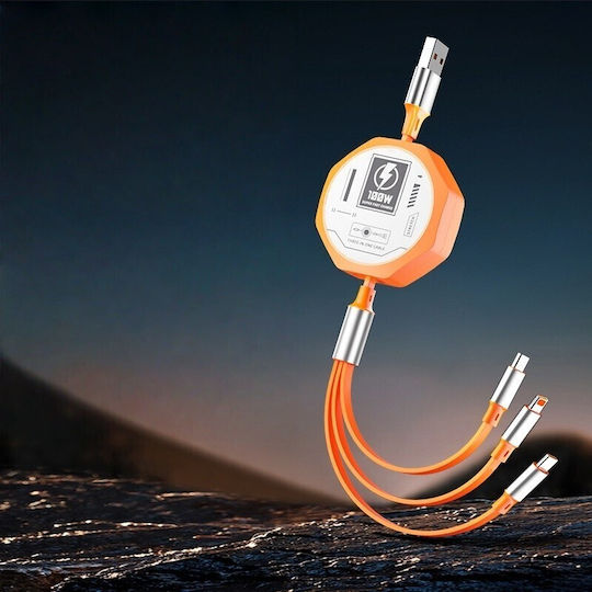 3in1 Ausziehbares Kabel Telefon Flippy 100w Schnelles Laden Kabel Mecha Stil Geeignet Für Auto Universell 1,2m Orange