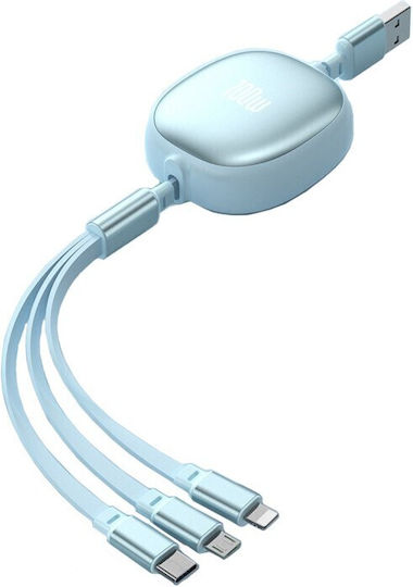 Universal Retractable Phone Cable Flippy Universal 3in1 Any Phone Type Micro-usb Lightning Type-c 1.2m Light Blue