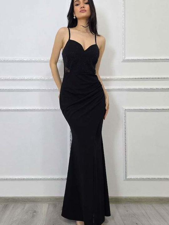 Maxi Evening Wrap Dress with Lace and Mesh Black