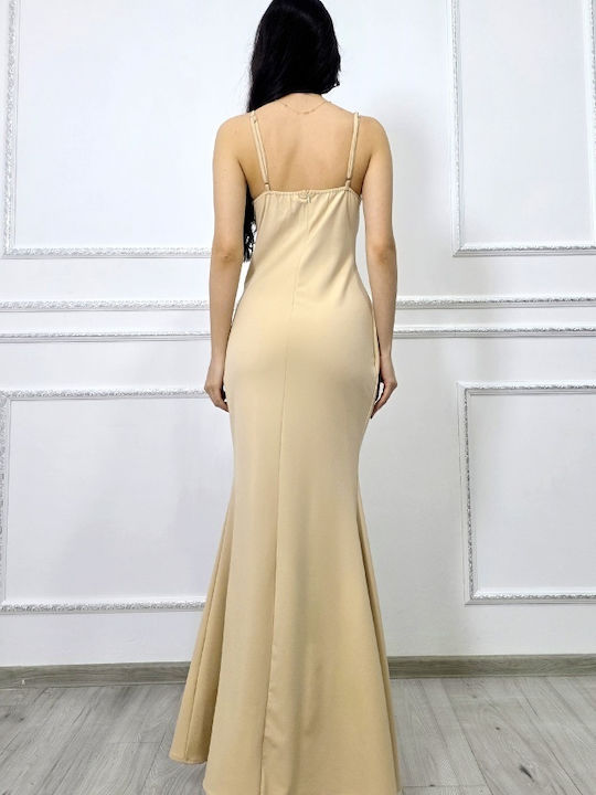 Rochie Maxi de Seară Wrap-Around cu Dantelă și Plasă Aurie