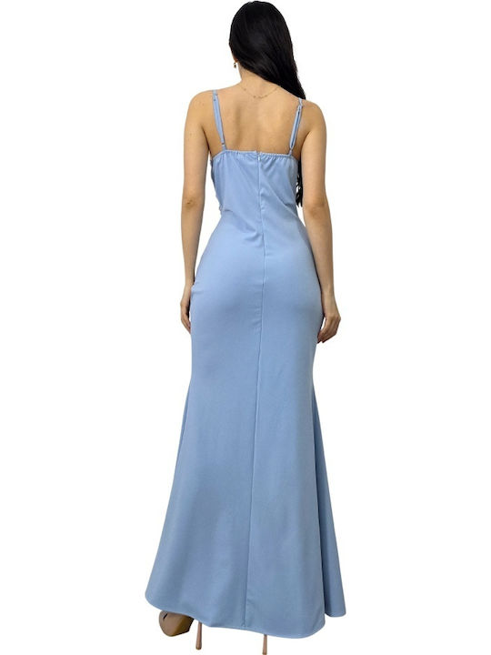 Maxi Abendkleid Wickel mit Spitze & Transparenz Hellblau