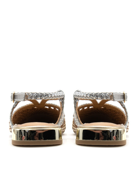 Δερμάτινες Γυναικείες Μπαλαρίνες Slingback με Λουράκι σε Ασημί Χρώμα