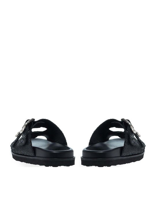 Leder Flache Sandalen Für Damen Schwarz