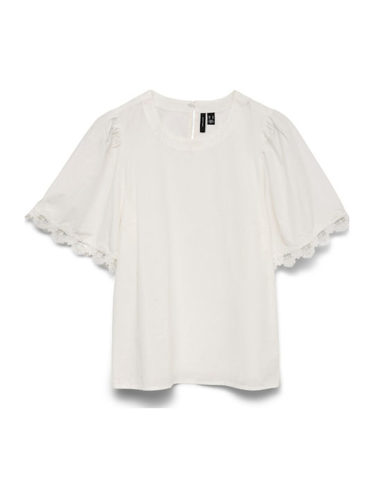 Vero Moda Damen Bluse Baumwolle Kurzärmelig Weiß