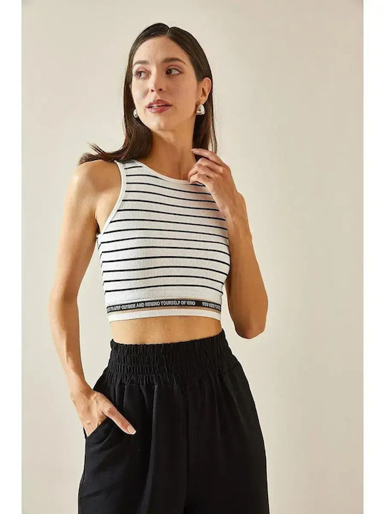 Women's Summer Crop Sleeveless Striped White Top