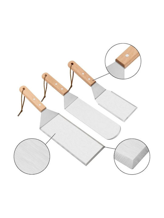 Set 3 Spatule Grătar Flippy Metalice Margini Subțiri Suprafață Antiaderentă Rezistente la Căldură Mâner Ergonomic din Lemn 3 Forme Agățătoare Gri