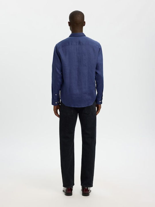 Kylian Long Sleeve Linen Shirt in Regular Fit Navy Blue