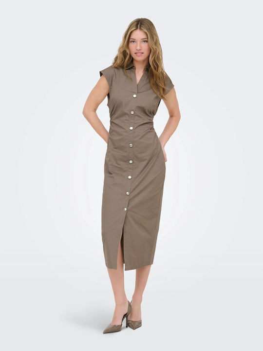 Sommer Midi Hemdkleid Kurzärmelig Braune
