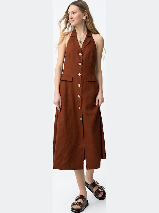 Summer Midi Shirt Dress Brown