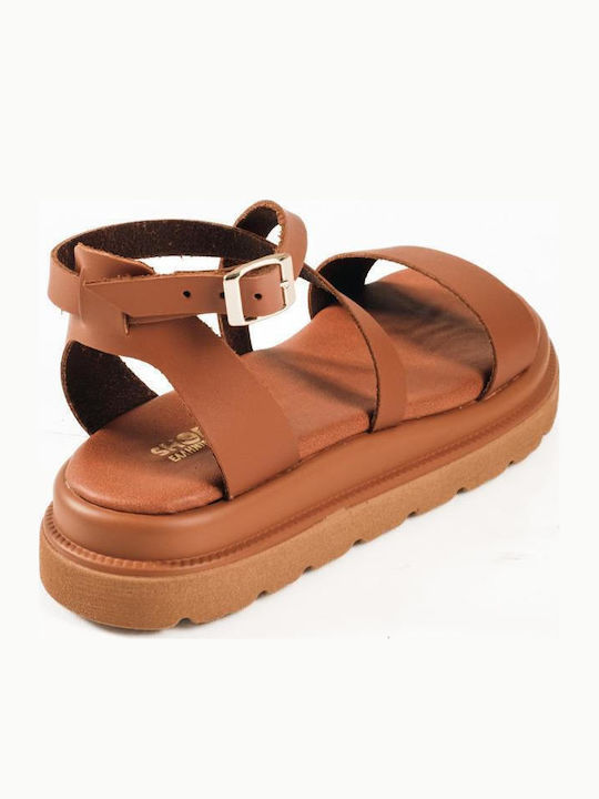 Flatforms Crossed Leather Straps Soft Sole Tabac Brown