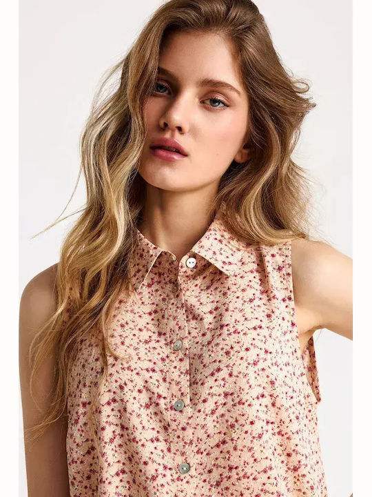 Sleeveless Women's Denim Shirt Orange Floral