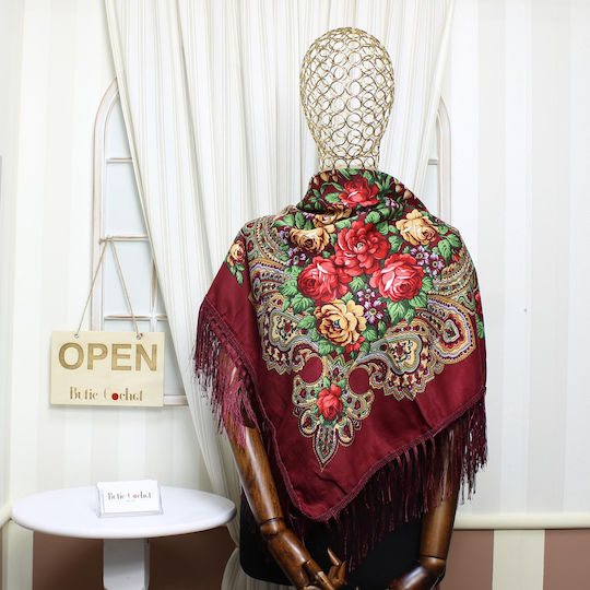 Șal Damă ButicCochet Vâscoză Imprimeu Floral 108x108 Cm Burgundia Es1833
