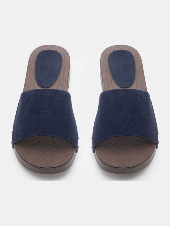 Flat Suede Mules In Navy Blue Colour