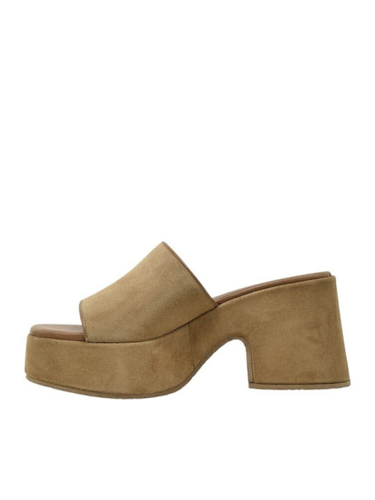 Leather Mules With High Heel In Beige Colour E801-Beige