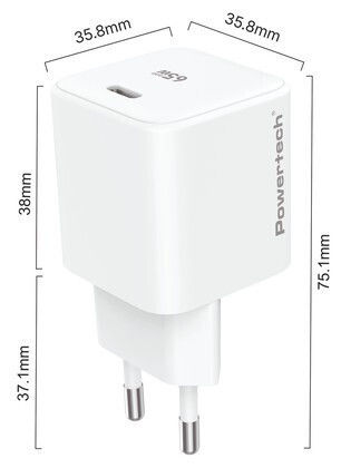 Powertech GaN Handyladegerät mit USB-C Ausgangsanschluss und Kabel USB-C - USB-C 65W Stromlieferung / Schnellladetechnologie 2.0 / Schnellladetechnologie 3.0 Weiß