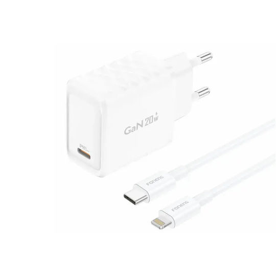 Foneng GaN Charger with USB-C Port and USB-C - Lightning Cable 20W Power Delivery White (EU55)