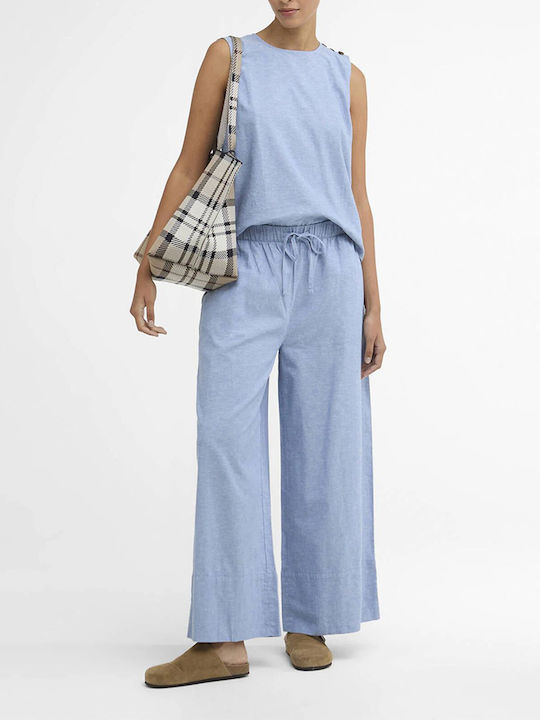Women's Linen Capri Trousers with Rubber Band Light Blue