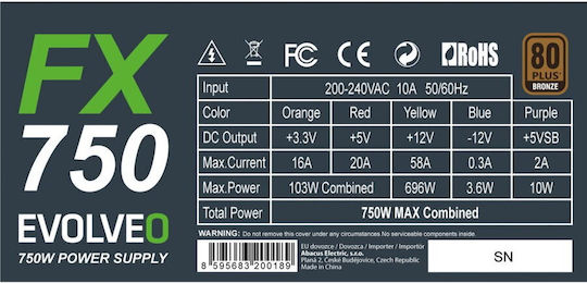 Evolveo 750W Sursă de Alimentare Neagră Semi-modulară 80 Plus Bronze (FX750)