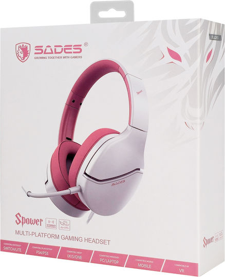 Sades Spower Over Ear Gaming Headset με σύνδεση 3.5mm Ροζ/Λευκό for Nintendo Switch / PC / PS4 / PS5 / XBOX
