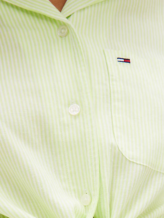 Short Sleeve Women's Linen Shirt White Striped