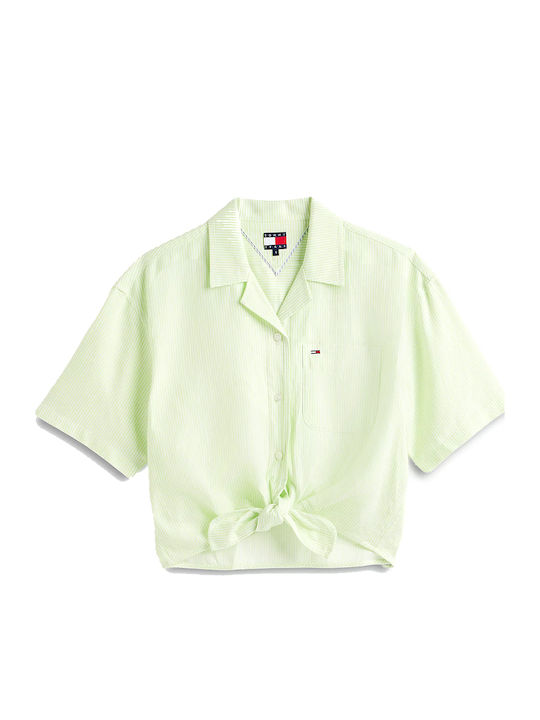 Short Sleeve Women's Linen Shirt White Striped