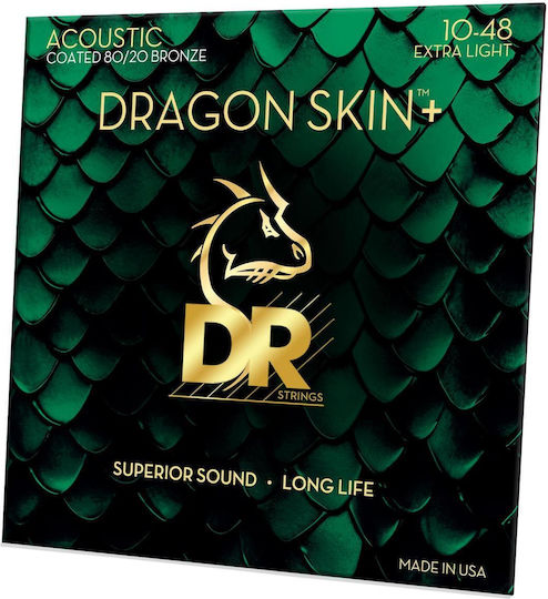 Dr Strings Dragon Skin+ Da8-10 Beschichtete 80/20 Akustikgitarrensaiten 010 048 Extra-leicht