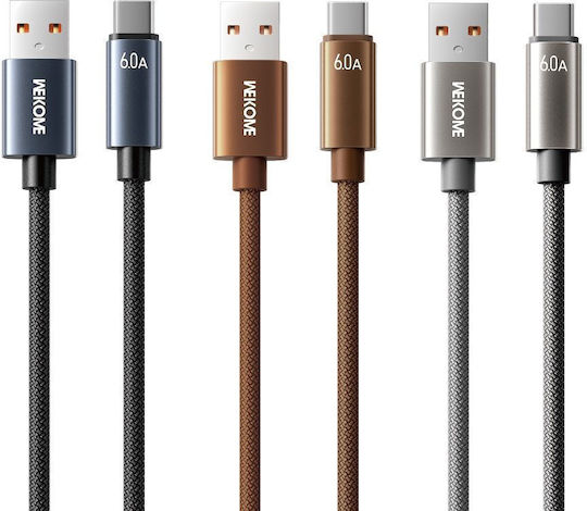 WK Braided USB 2.0 Cable USB-C male - USB-A 66W PD Καφέ 1.2m 250921