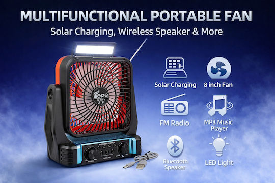 Fp-336-s Rechargeable Solar Fan 8” – Flashlight – Powerbank – Speaker Black Blue