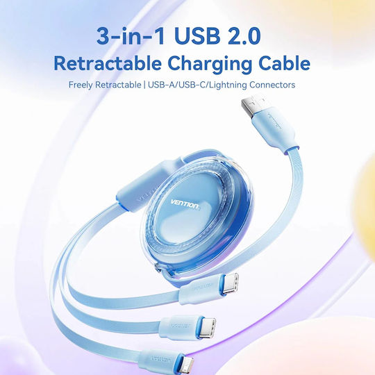 Vention Male Retractable USB to Type-C / Lightning Cable 3.5A Μπλε 1.1m TRJSBE