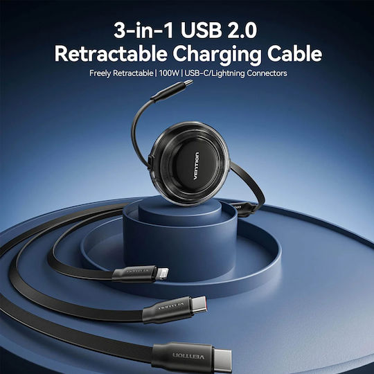 Vention Retractable USB to Type-C / Lightning Cable 5A Ροζ 1.1m TRKPBE