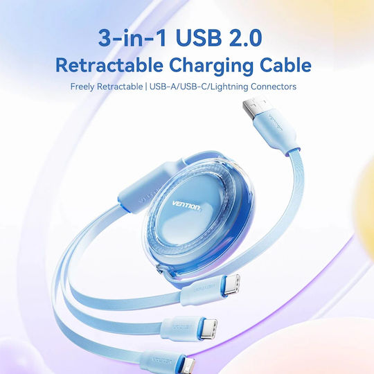 Vention Cablu USB Retractabil Masculin la Type-C / Lightning 3.5A Violet 1.1m TRJVBE