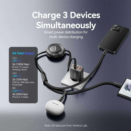Vention Cablu Extensibil USB La Type-C / Lightning 5A Albastru 1.1m TRKSBE
