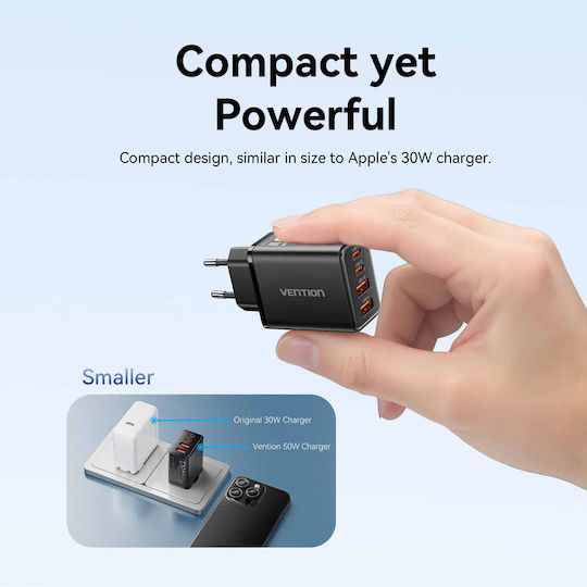 Vention Wireless GaN Charger With 2 USB-A Output Ports And 2 USB-C Output Ports 30W Power Delivery Black
