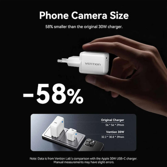 Vention Φορτιστής Χωρίς Καλώδιο GaN με Θύρα USB-C 30W Power Delivery Λευκός (FCIW0-EU)