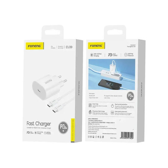 Foneng Φορτιστής με Θύρα USB-C και Καλώδιο USB-C - USB-C 20W Power Delivery Λευκός (EU39)