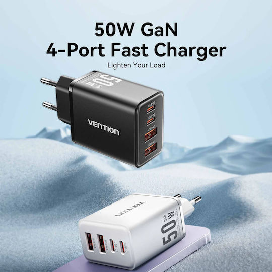 Vention Wireless GaN Charger With 2 USB-A Output Ports And 2 USB-C Output Ports 30W Power Delivery Black